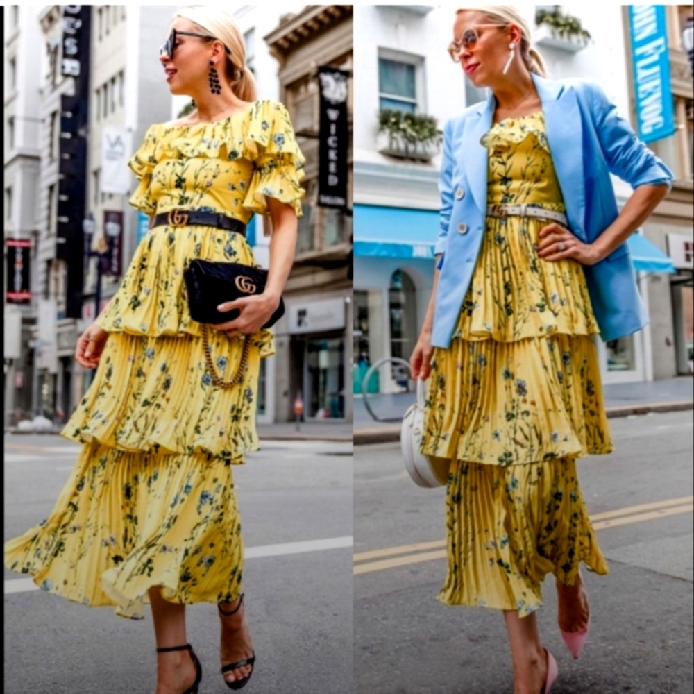 Aqua Yellow Off Shoulder Short Sleeve Ruffle Pleated Tier Floral Maxidress